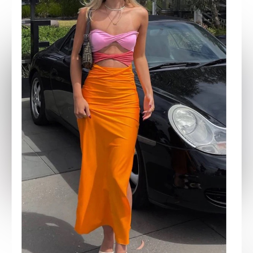 Strapless multi color midi dress